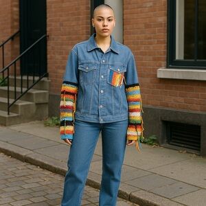 Denim jacket Upcycled with crochet sleeves Chicos size 3 XL Jean jacket reworked